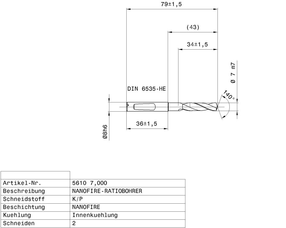 Gühring 05610 D=7mm  Karbür Matkap 3xDc